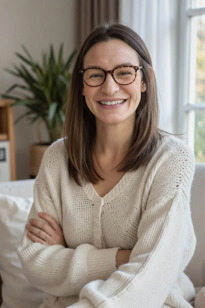 A woman with shoulder-length brown hair and wearing glasses, smiling and sitting on a couch in a well-lit room with a window, a large plant, and a bookshelf in the background.
