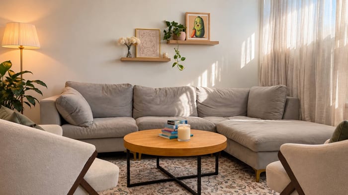 Sunlit consulting room with a large grey corner lounge, two pale armchairs around a round timber coffee table with a candle and books, framed prints on floating shelves, a floor lamp and sheer curtains